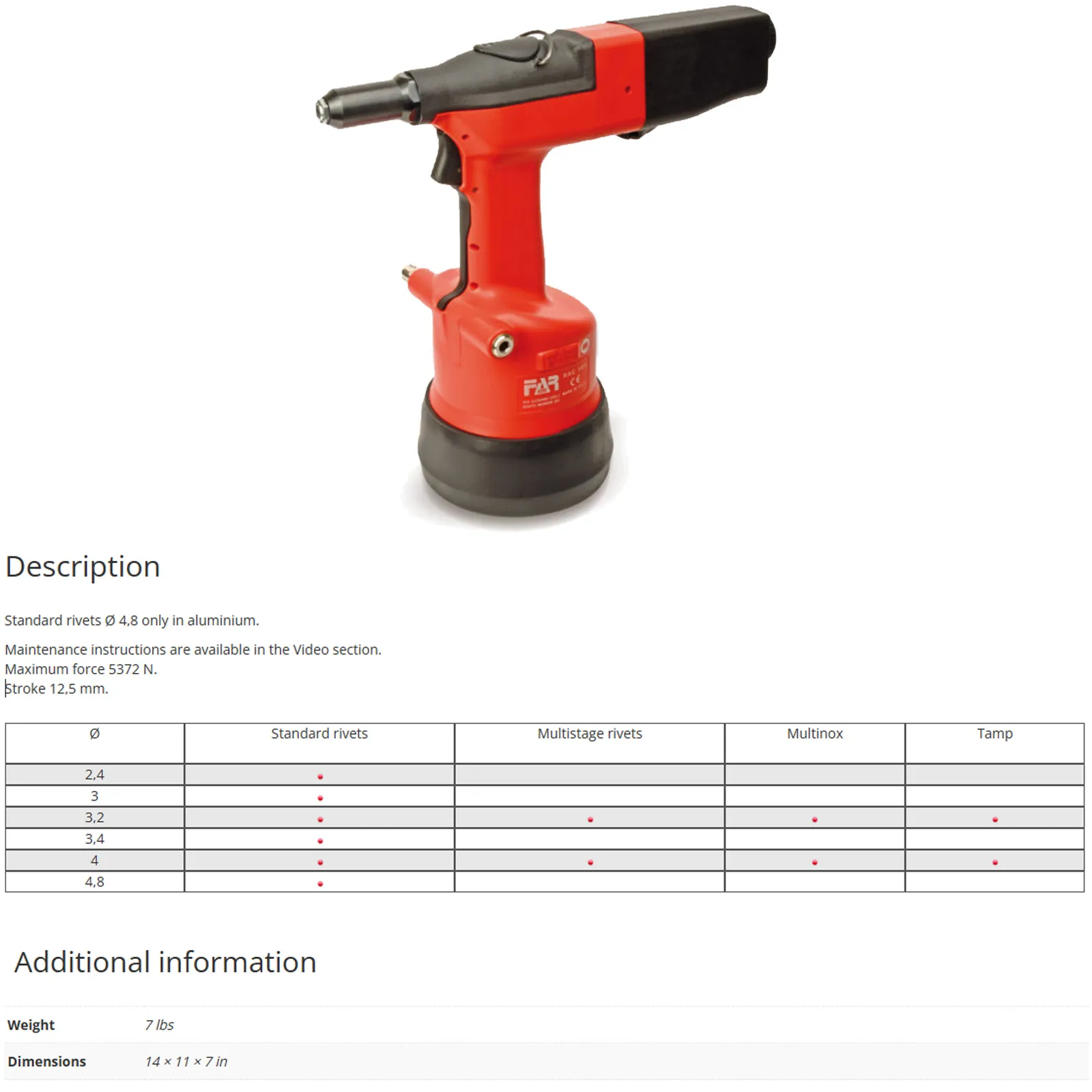 Rivettatrice Oleo-Pneumatica FAR per Rivetti Ø 2,4 mm – 4,8 mm con Forza Max 5372 Nm modello RAC 185 - immagine 3