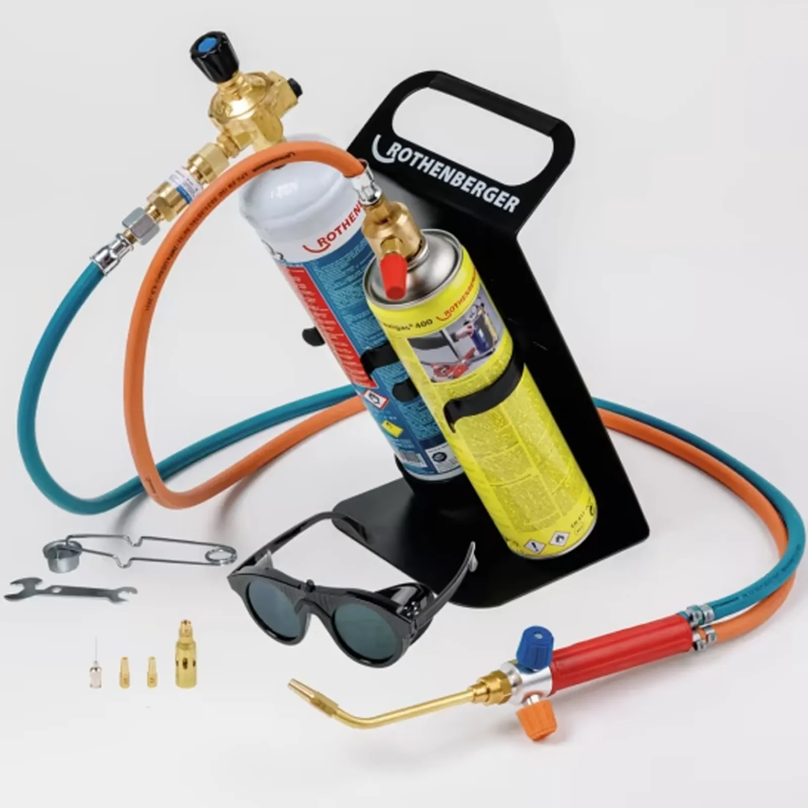 Unità per Saldobrasatura ROTHENBERGER Bombole Ossigeno e Acetilene, Tubi, Ugelli, Occhiali e Regolatore di Pressione modello ROXY KIT PLUS 3100°C