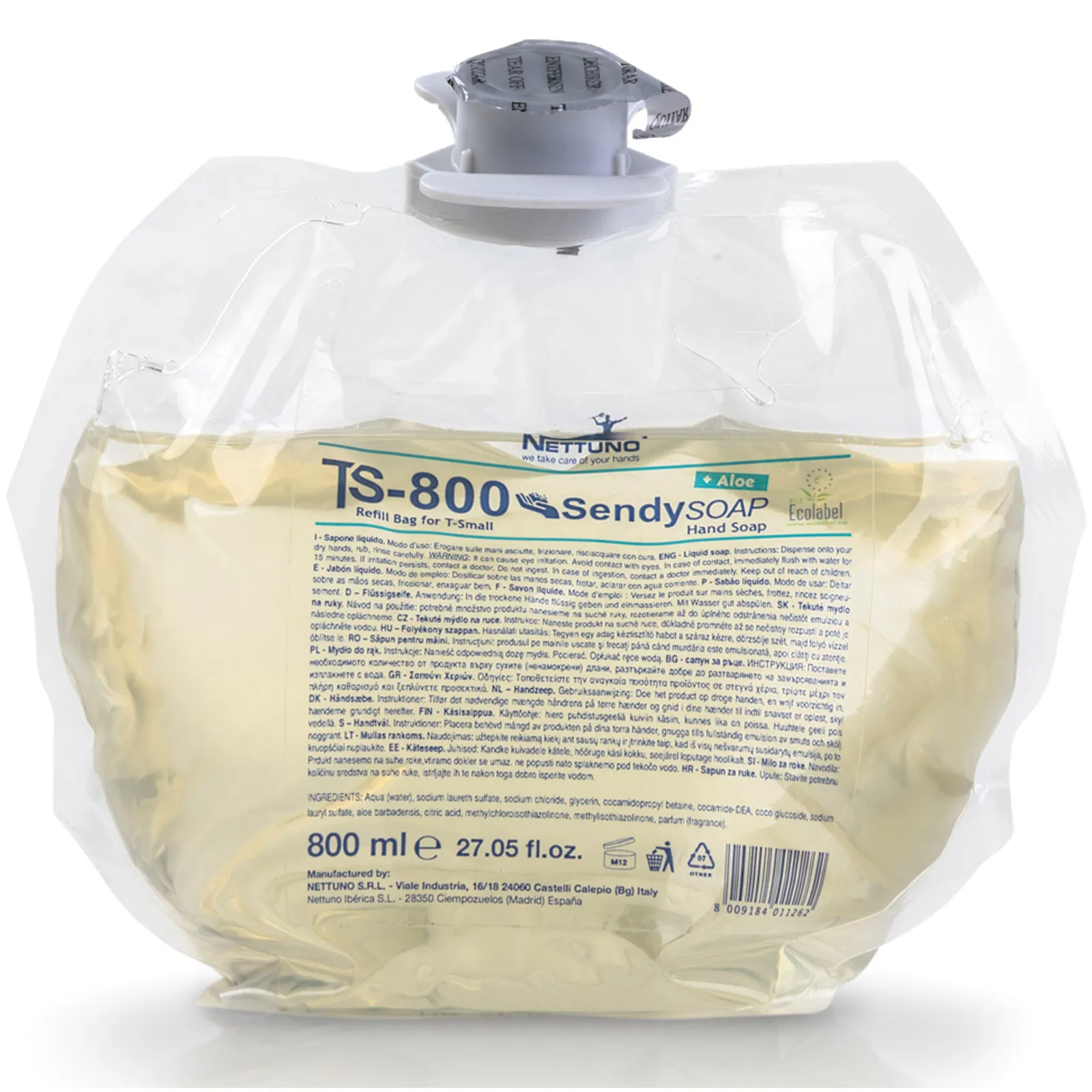 Sapone Liquido Mani con Aloe Vera NETTUNO Lavaggi Frequenti e Sporchi Leggeri Certificato Ecolabel in Cartuccia Ricarica T-S800 SENDY SOAP