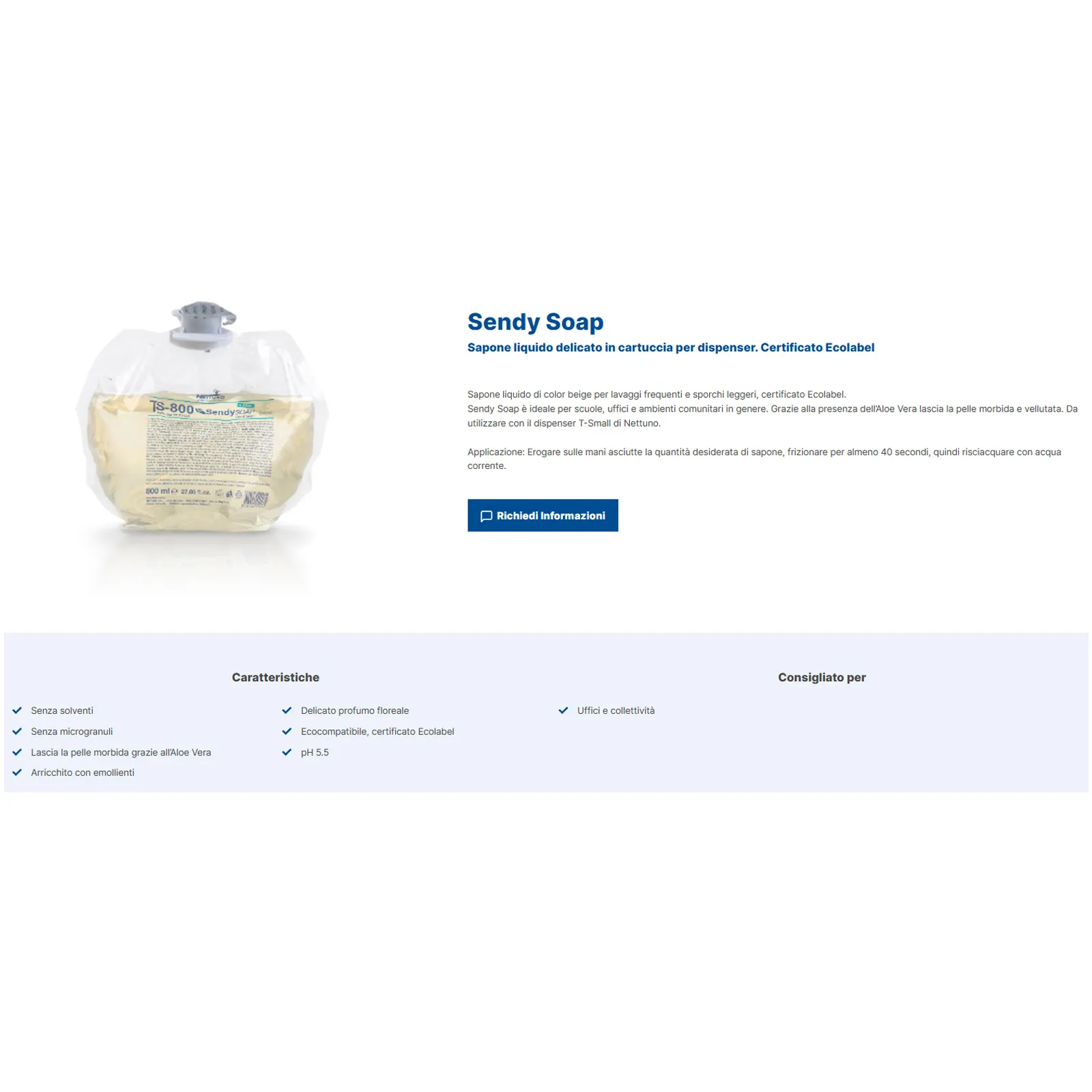 Sapone Liquido Mani con Aloe Vera NETTUNO Lavaggi Frequenti e Sporchi Leggeri Certificato Ecolabel in Cartuccia Ricarica T-S800 SENDY SOAP - immagine 2