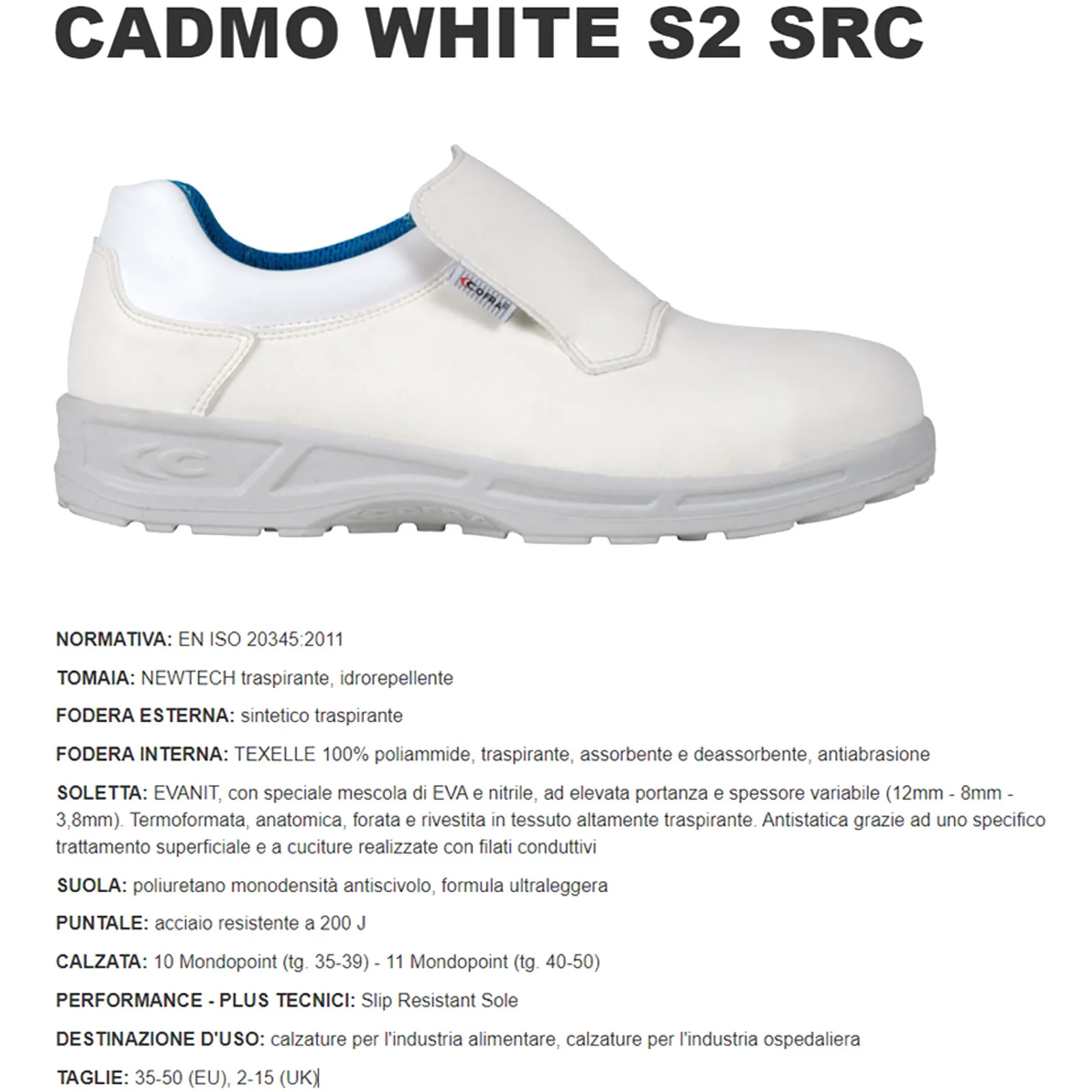 Scarpe Antinfortunistiche da Lavoro COFRA Basse Bianche per Industria Alimentare Ospedaliera Uomo Donna CADMO WHITE S2 SRC - immagine 2