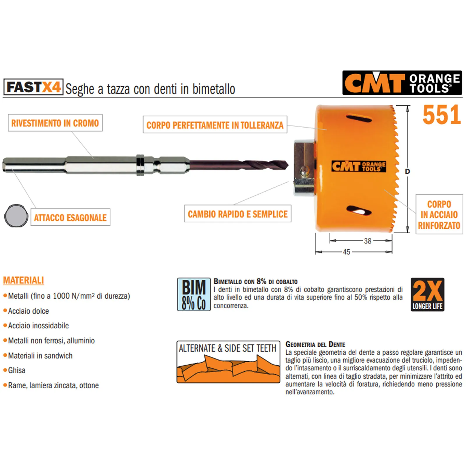 Sega a Tazza con Denti Bi-Metal CMT Taglio Secco Umido 8% di Cobalto per Acciaio Ghisa Rame Ferro Lamiera Ottone 551 - immagine 2