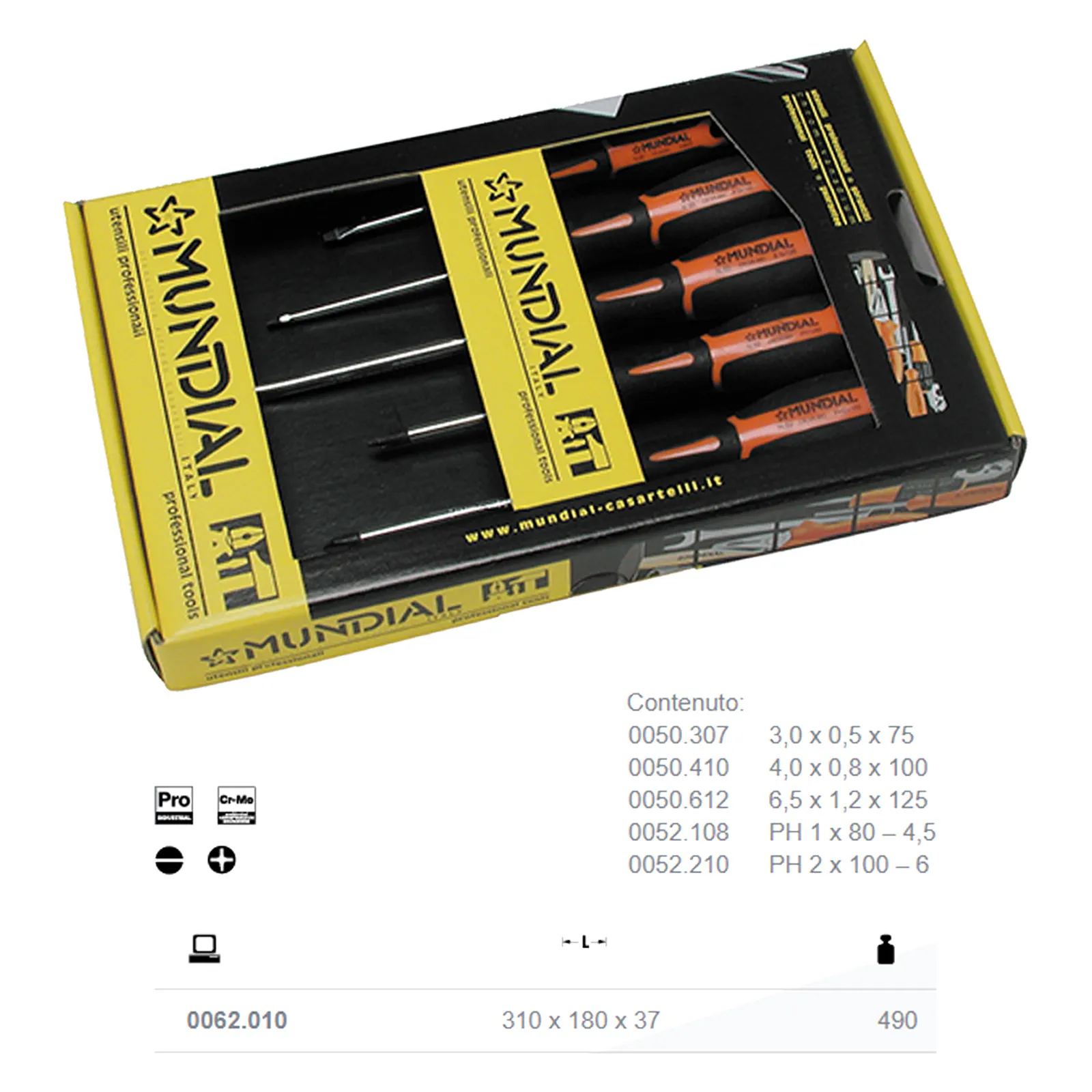 Serie 5 Giraviti Cacciaviti MUNDIAL a Taglio e Croce PH Set Kit in Acciaio Cr-Mo Punta Nera 0062.010 - immagine 2