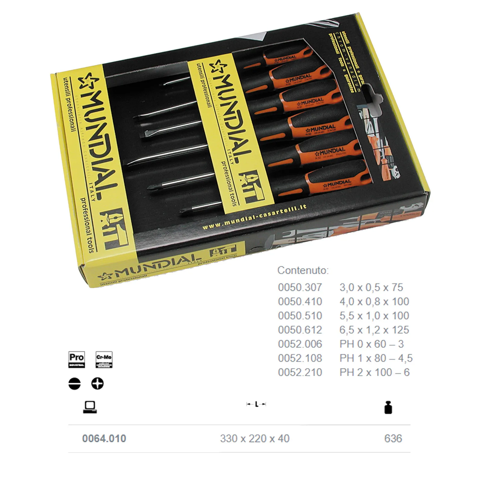 Serie 7 Giraviti Cacciaviti MUNDIAL a Taglio e Croce PH Set Kit in Acciaio Cr-Mo Punta Nera 0064.010 - immagine 2