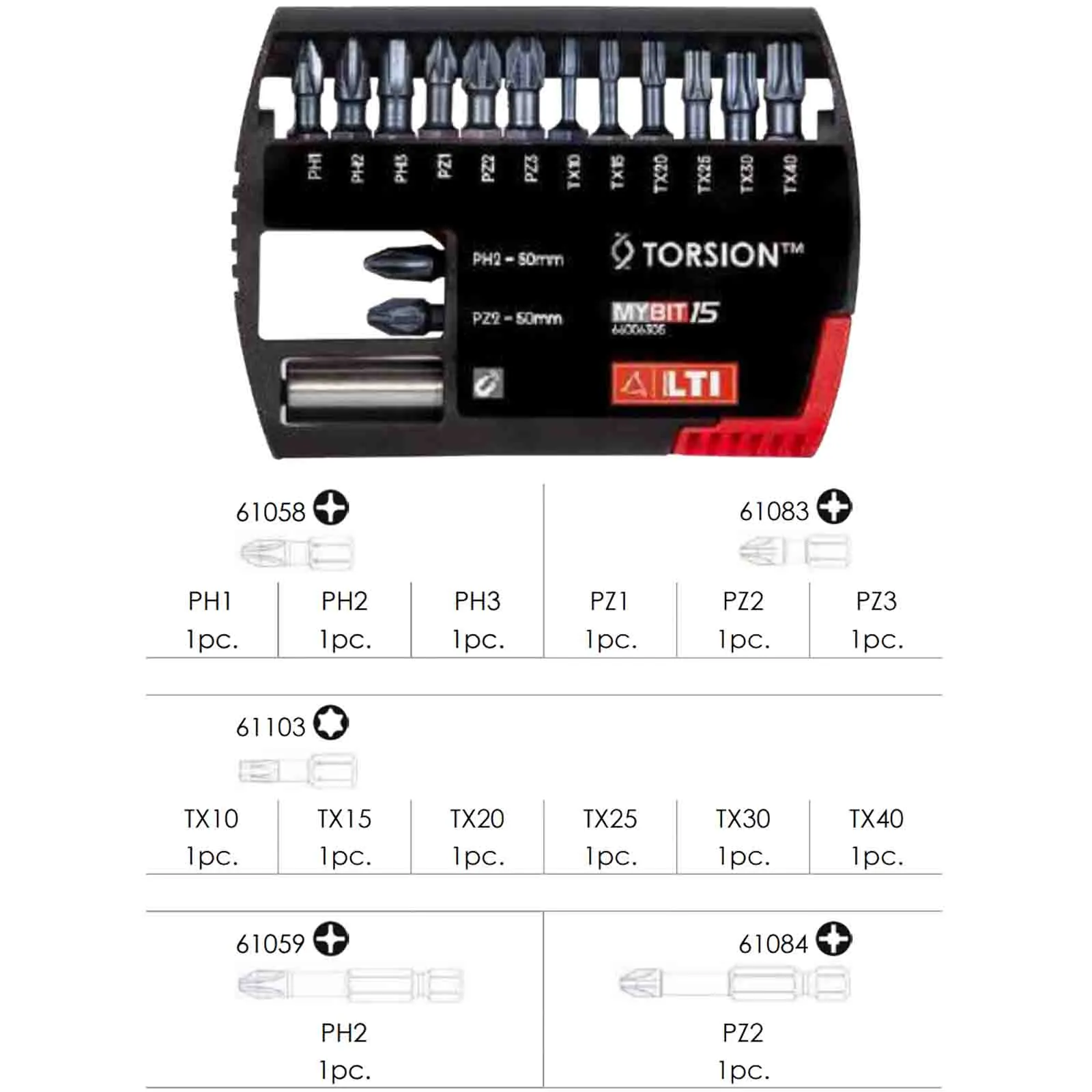 Assortimento 15 Inserti Bit per Avvitatura LTI KRINO Avvitatore Impulsi Croce PH, PZ, Torx Portainserti Magnetico articolo MYBIT15 TORSION® - immagine 2