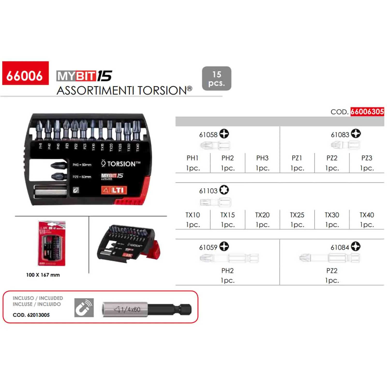Assortimento 15 Inserti Bit per Avvitatura LTI KRINO Avvitatore Impulsi Croce PH, PZ, Torx Portainserti Magnetico articolo MYBIT15 TORSION® - immagine 3