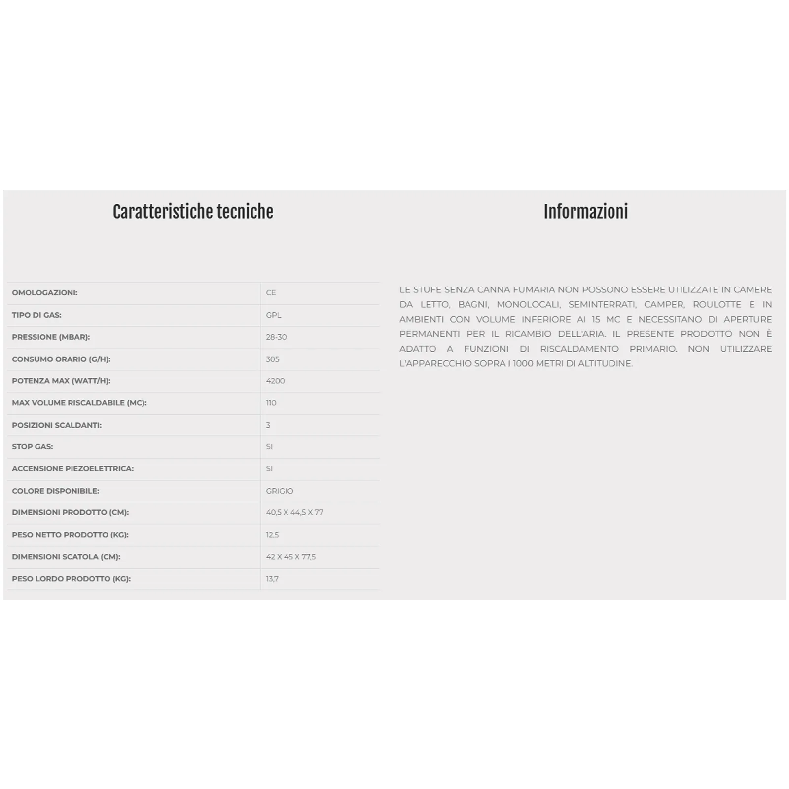 Stufa Infrarossi a Gas GPL SICAR con Kit Regolatore e Tubo Collegamento alla Bombola modello EURO 90 - immagine 2