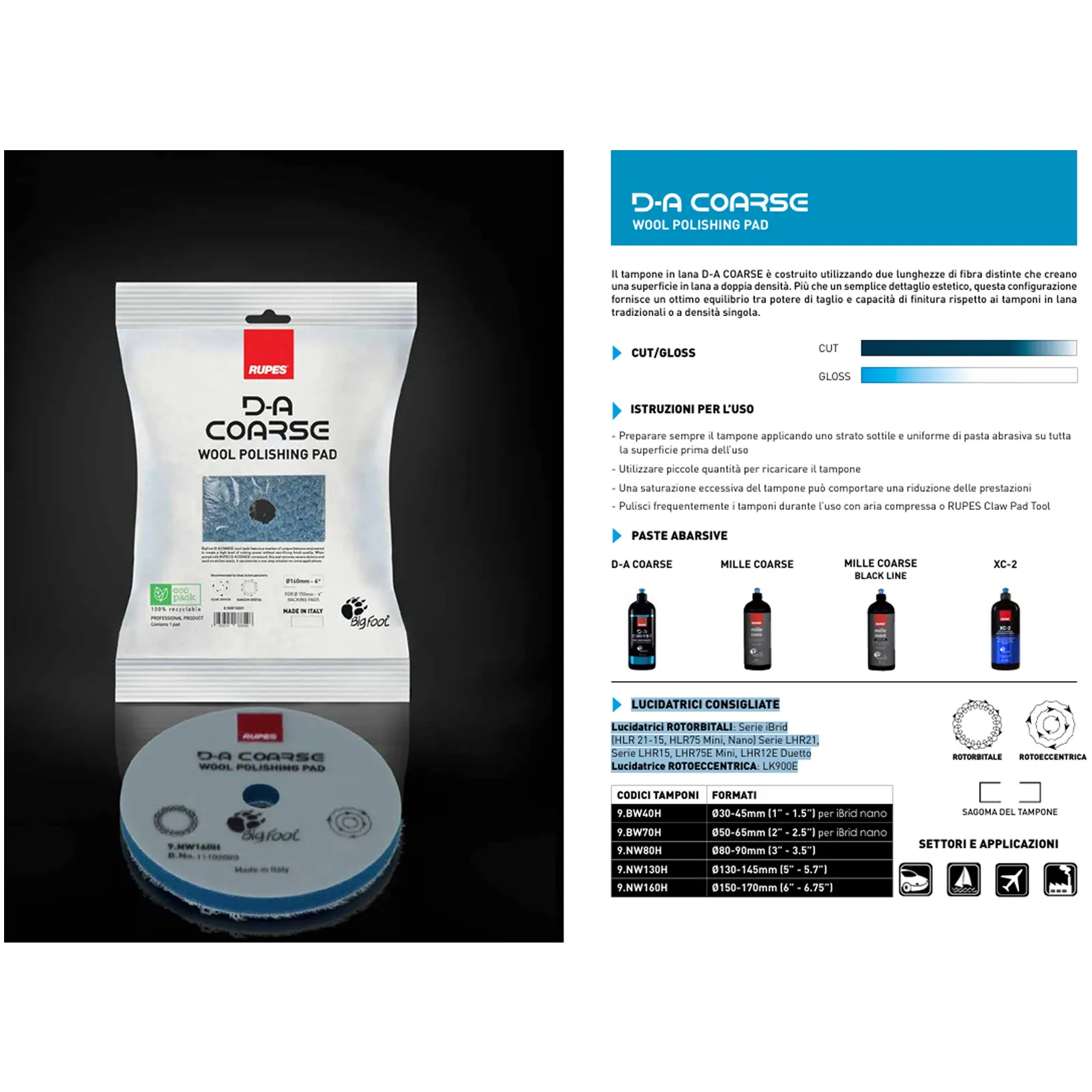 Tampone in Lana Blu per Lucidatura RUPES BigFoot Nuova Serie D-A COARSE Hard Rigido per Rimozione Difetti Gravi modello 9.NW Series H - immagine 5