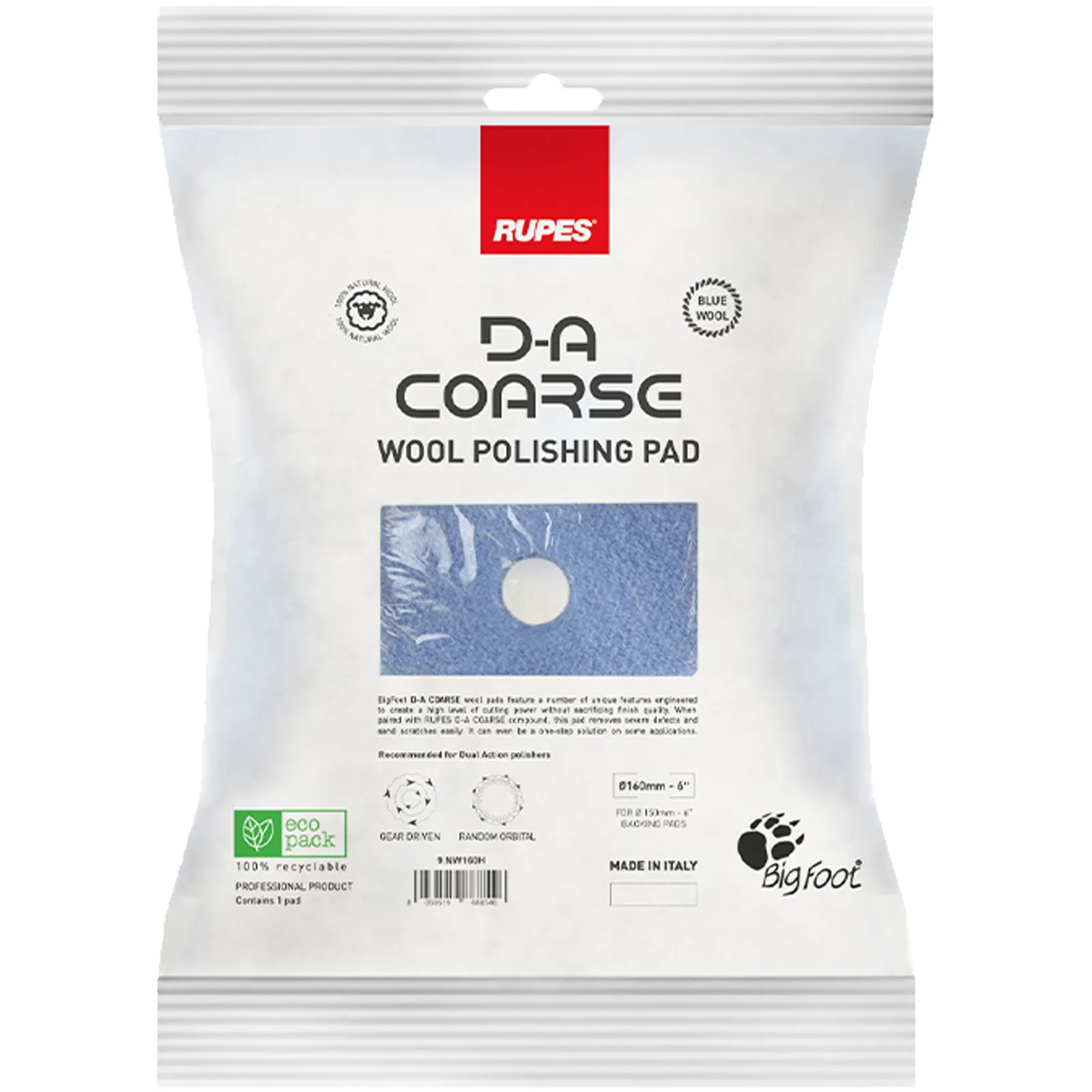 Tampone in Lana Blu per Lucidatura RUPES BigFoot Nuova Serie D-A COARSE Hard Rigido per Rimozione Difetti Gravi modello 9.NW Series H - immagine 6