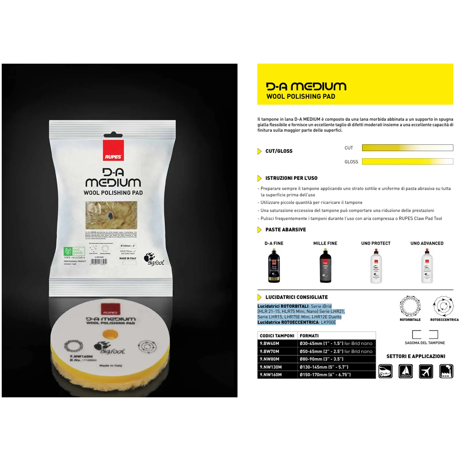 Tampone in Lana Giallo per Lucidatura RUPES BigFoot Nuova Serie D-A MEDIUM Intermedio per Rimozione Difetti Moderati modello 9.NW Series M - immagine 5