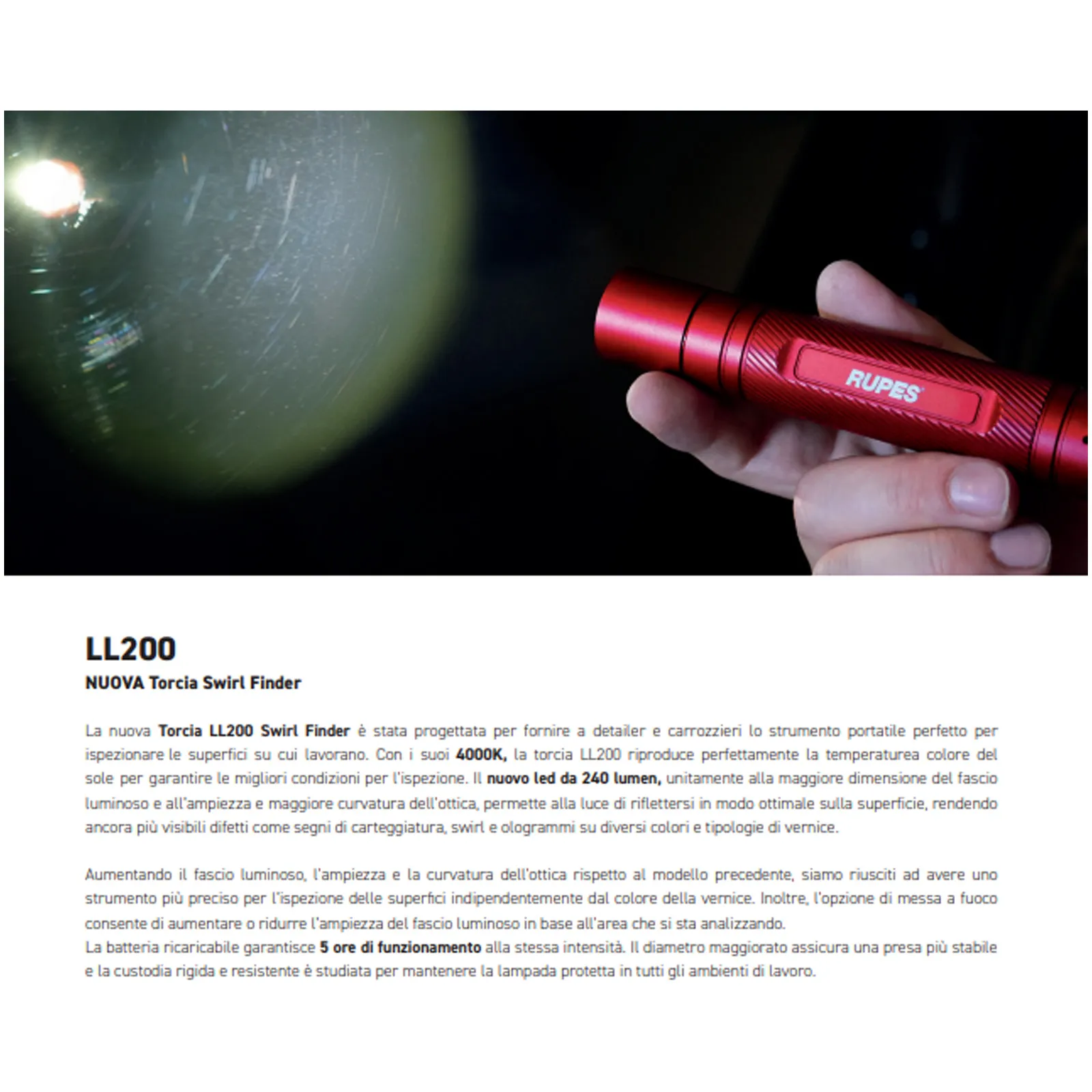 Torcia LED a Batteria RUPES BigFoot Swirl Finder per Detailing Carrozzeria LL200 - immagine 8