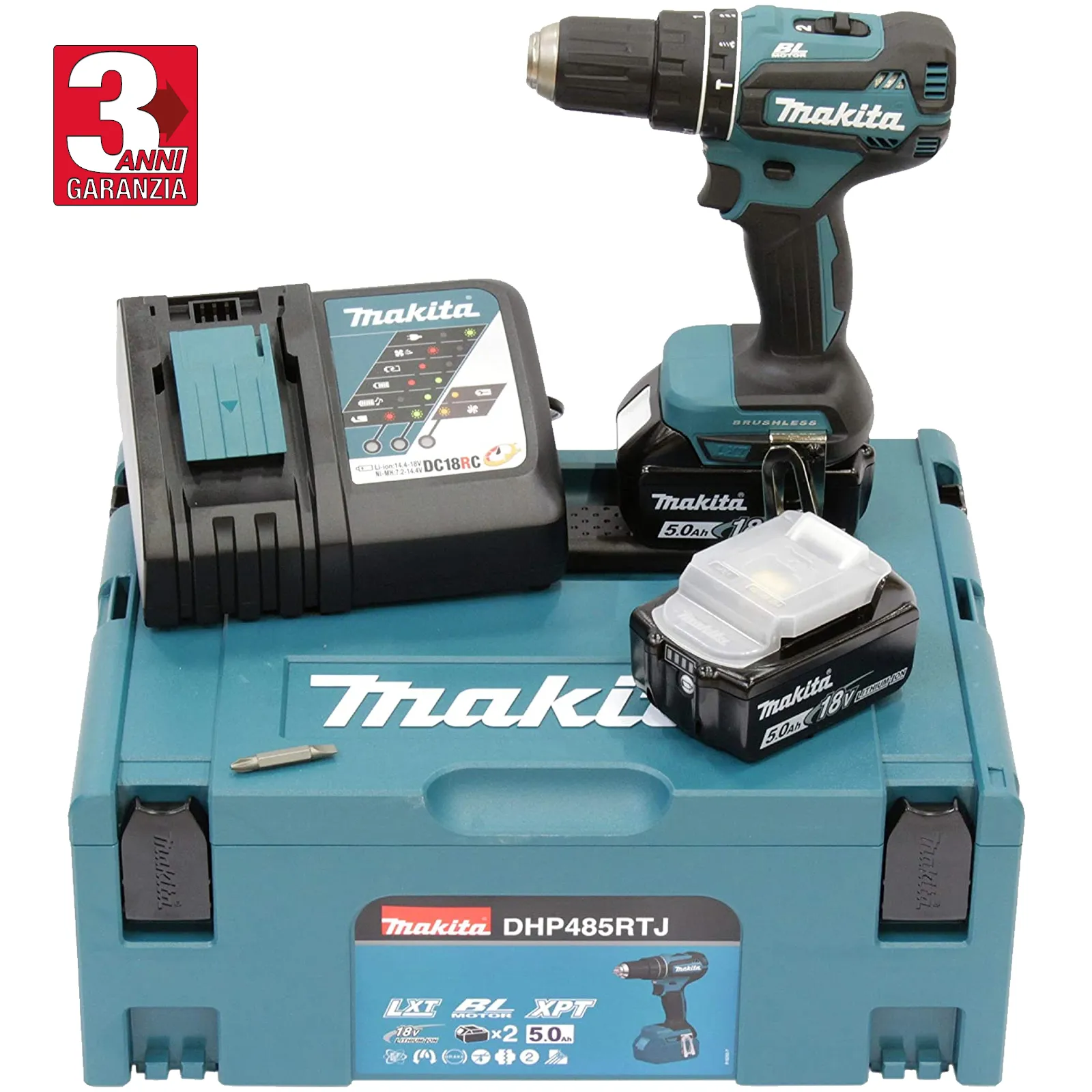 Trapano Avvitatore con Percussione a Batteria 18V MAKITA Kit 2 Batterie Caricabatterie e Valigetta modello DHP485RTJ