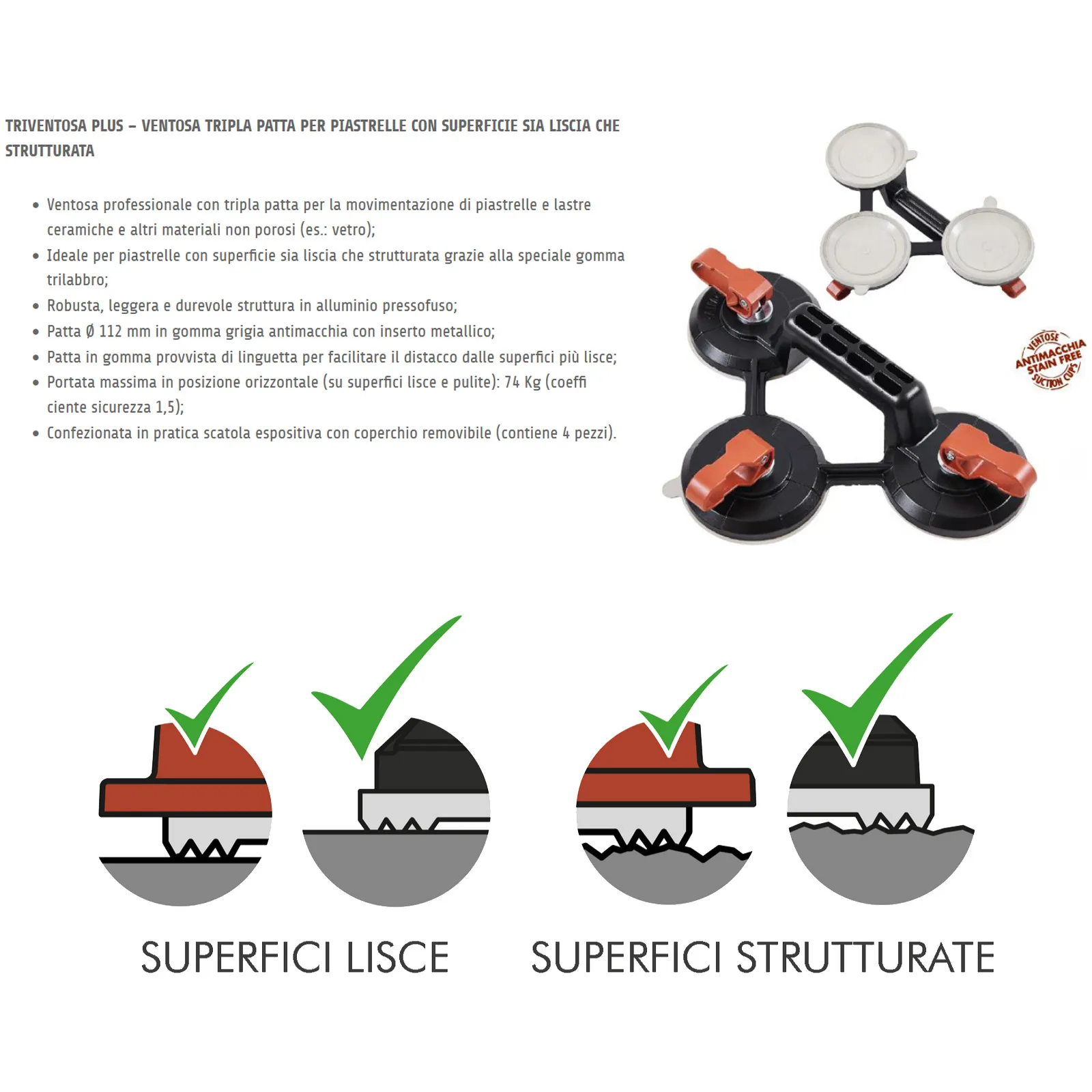 Ventosa Tripla Patta RAIMONDI per Piastrelle Lisce e Strutturate modello TRIVENTOSA PLUS articolo 185TRI - immagine 3