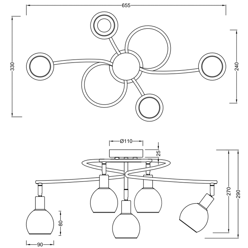 Plafoniera Led in metallo cromato Brest con 5 spot E14 IP20- Trio Lighting - immagine 3