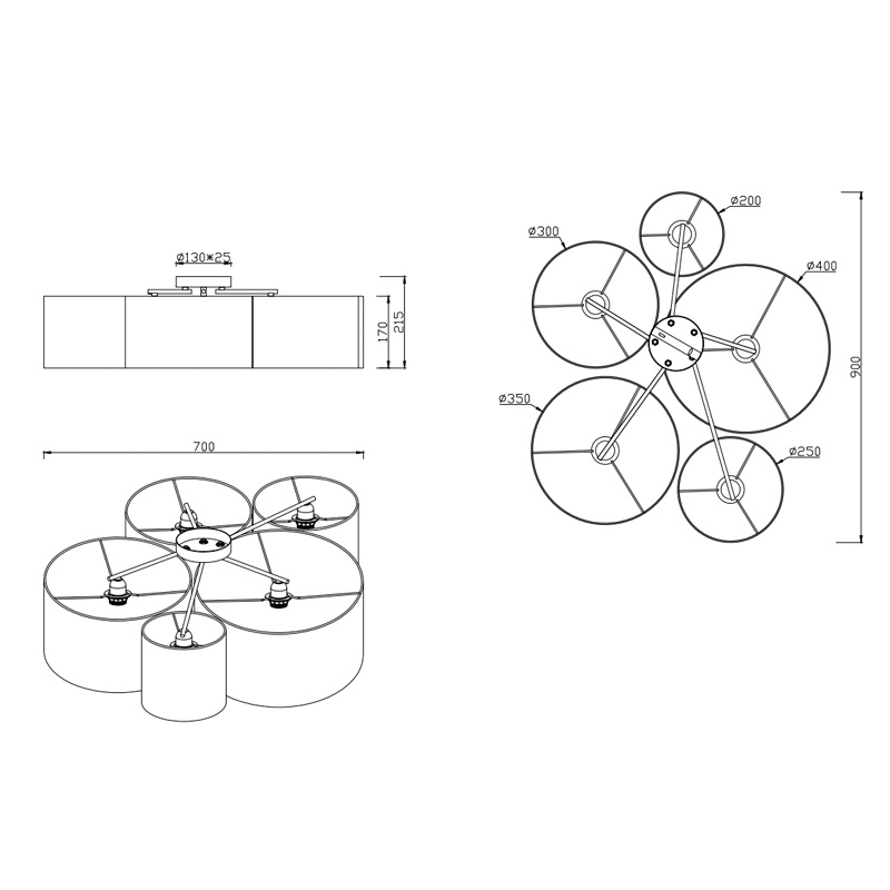 Plafoniera Led Hotel multi cilindri E27- Trio Lighting - immagine 4