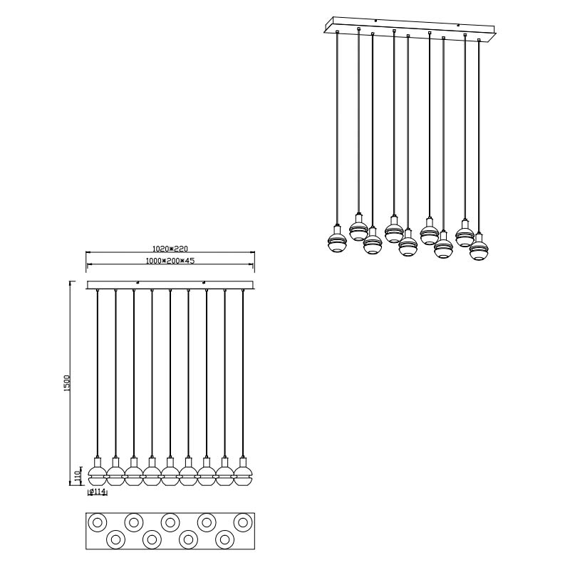 Lampada a sospensione Led Mela rettangolare con 9 diffusori in vetro H.150cm E14- Trio Lighting - immagine 6