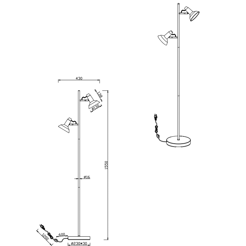 Lampada da terra Led Roxy con due diffusori in metallo orientabili E14 H. 155 cm- Trio Lighting - immagine 4